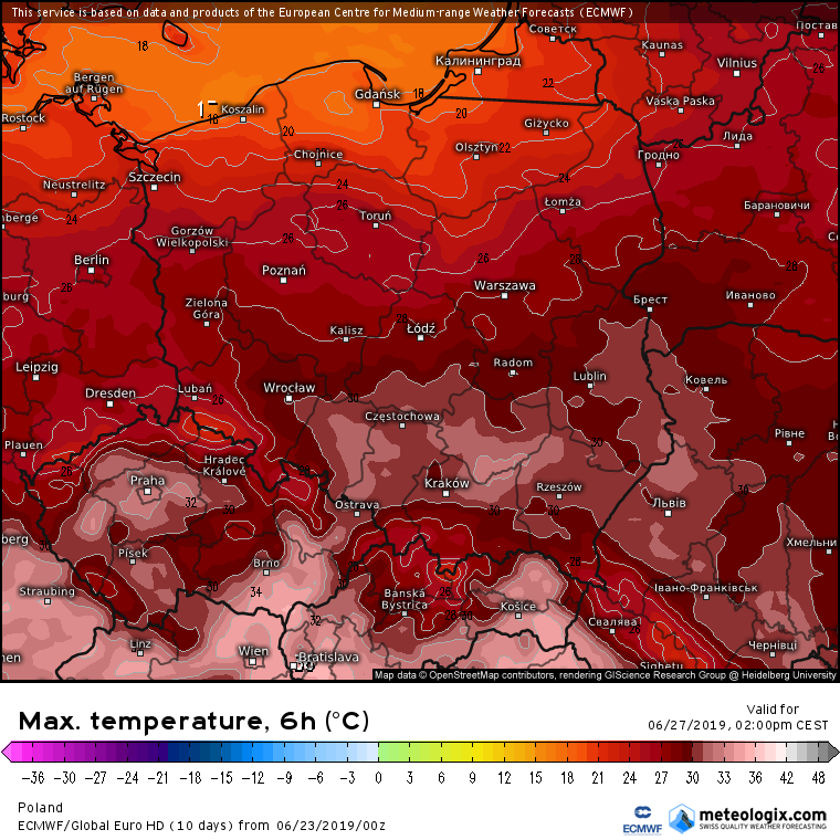 Prognozowana temperatura maksymalna w czwartek (27.06). Model ECMWF. Źródło: Meteologix
