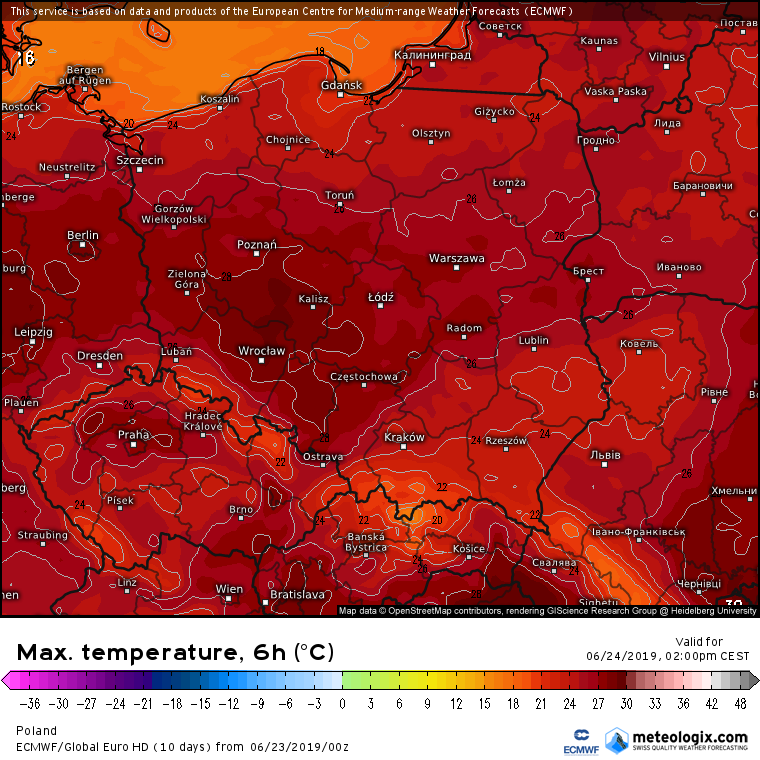 Prognozowana temperatura maksymalna w poniedziałek (24.06). Model ECMWF. Źródło: Meteologix