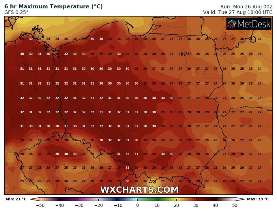 Prognozowana temperatura maksymalna we wtorek, 27.08.2019 (model GFS, źródło: wxcharts.com)