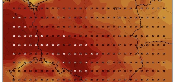 Prognozowana temperatura maksymalna w poniedziałek, 26.08.2019 (model GFS, źródło: wxcharts.com)
