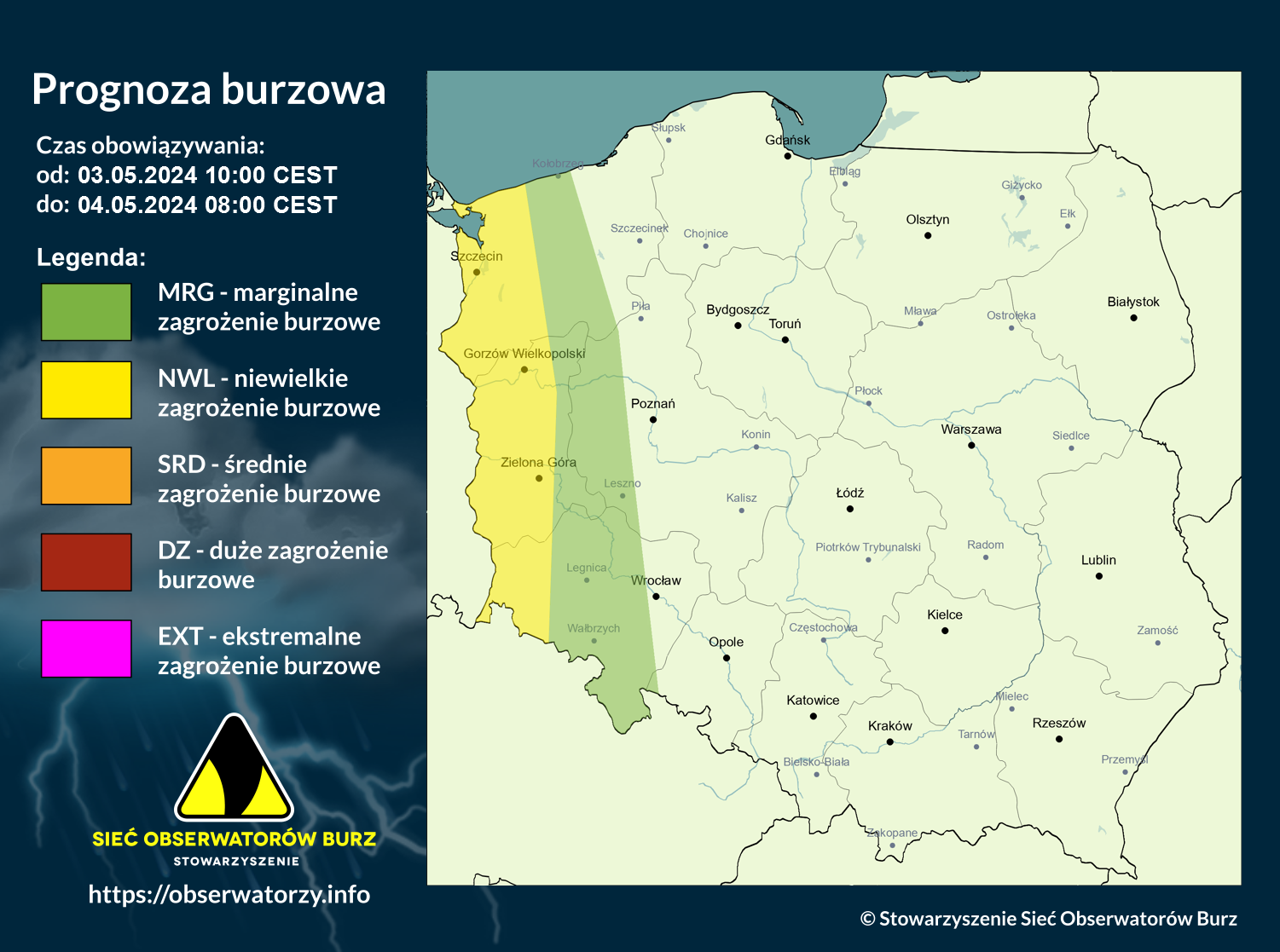 Prognoza burzowa na 3.05.2024 i noc z 3/4.05.2024