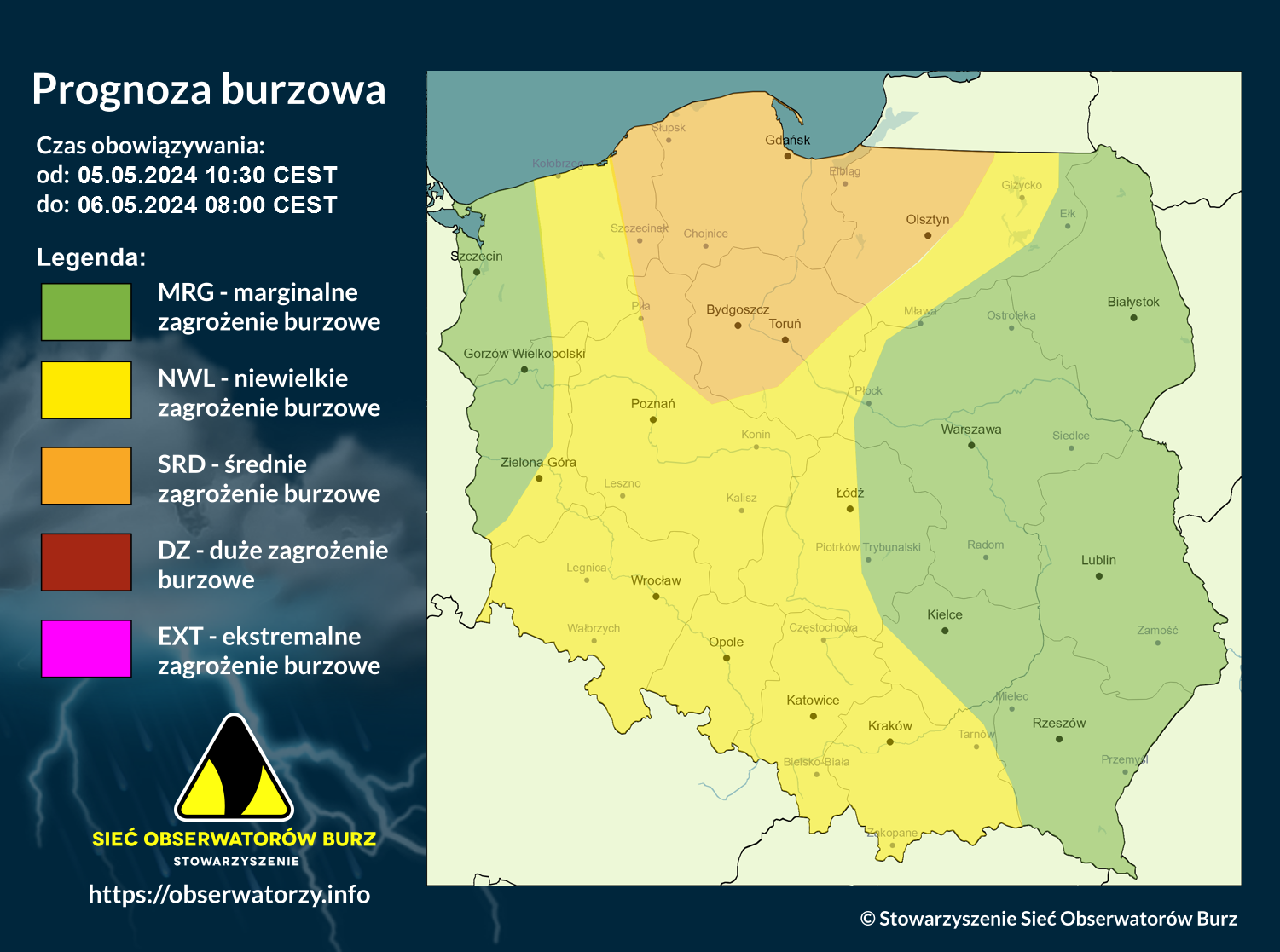 Prognoza burzowa na 5.05.2024 i noc z 5/6.05.2024