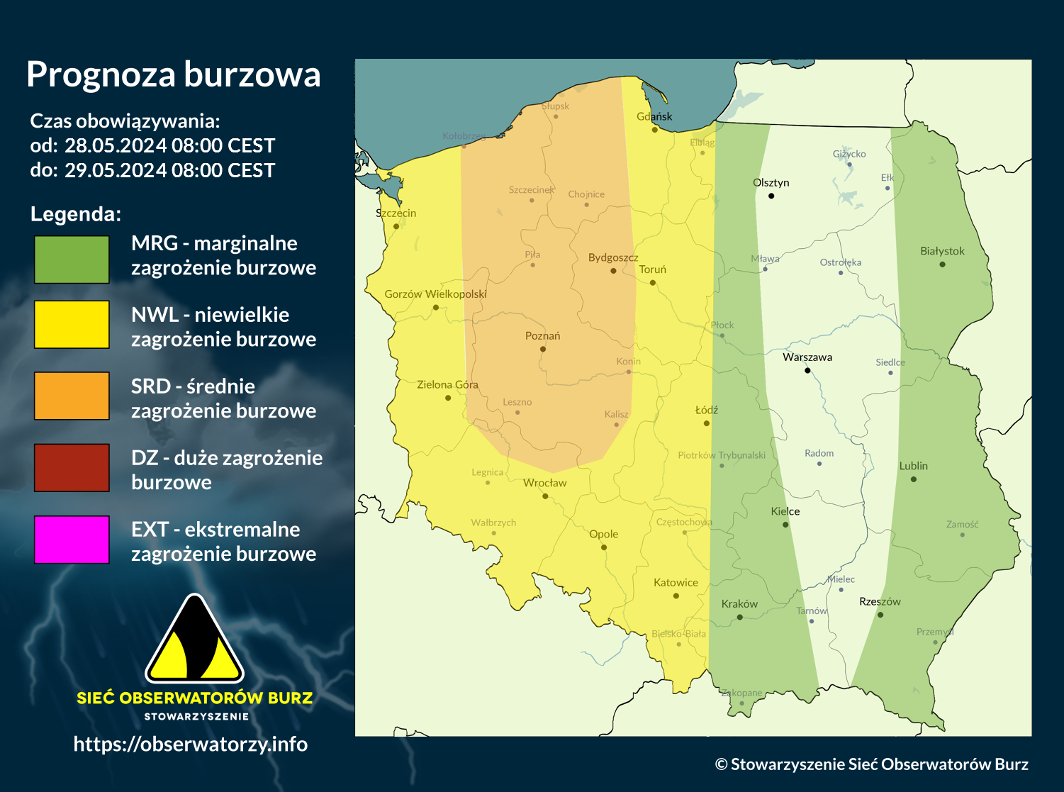 Prognoza burzowa na 28.05.2024 i noc z 28/29.05.2024