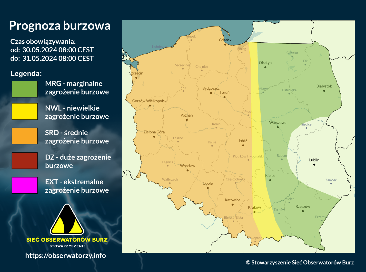 Prognoza burzowa na 30.05.2024 i noc z 30/31.05.2024