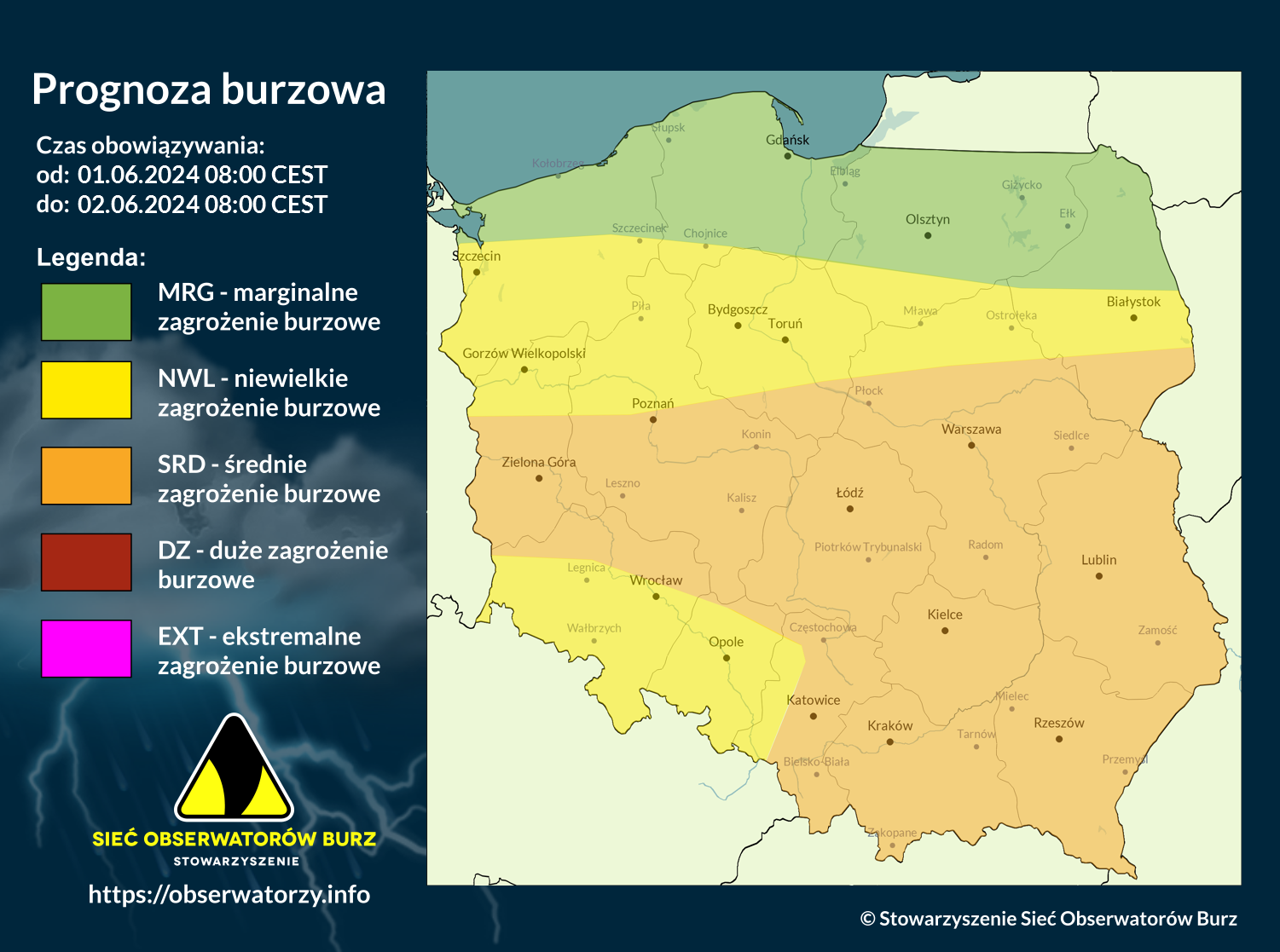 Prognoza burzowa na 1.06.2024 i noc z 1/2.06.2024