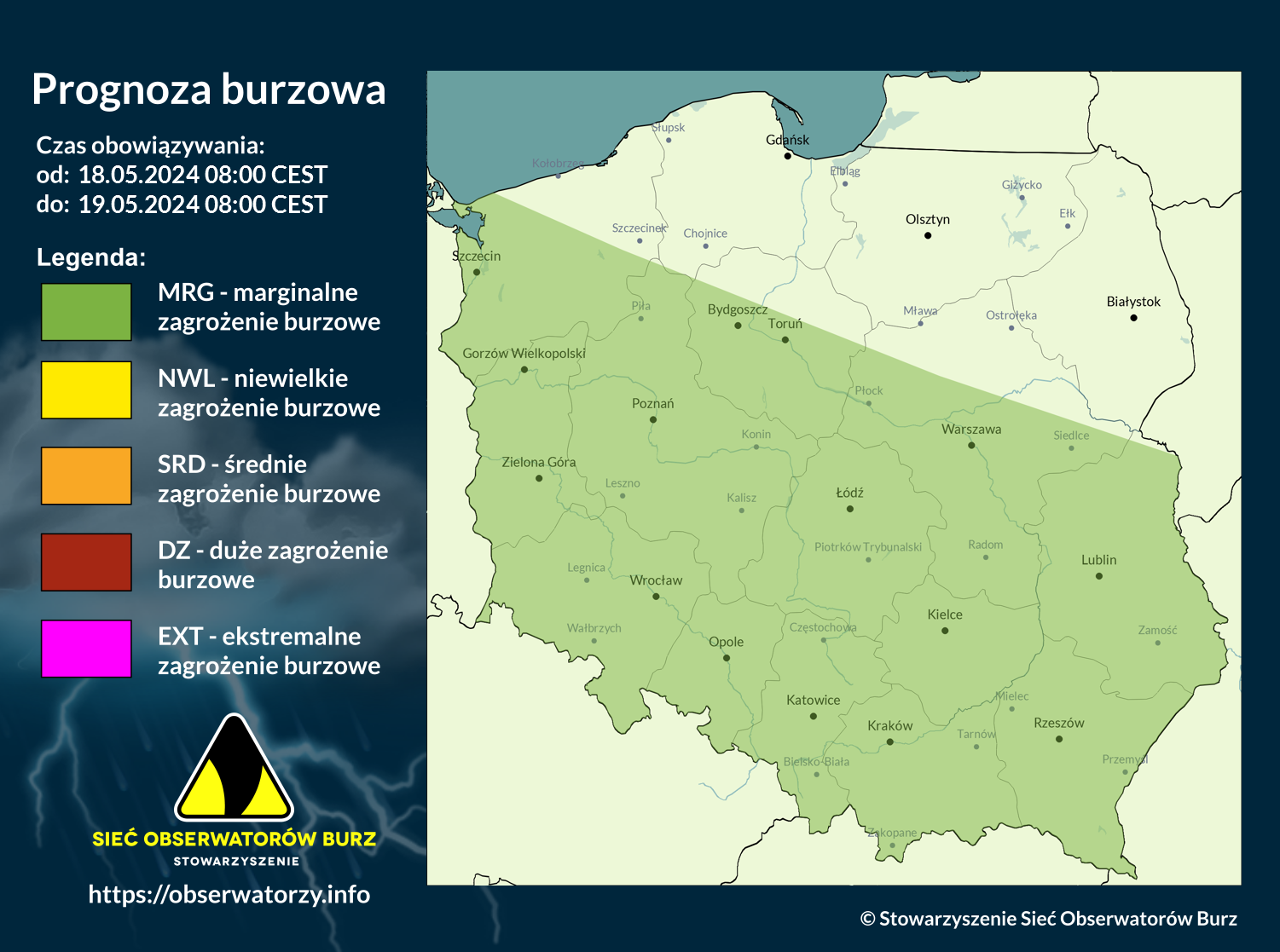 Prognoza burzowa na 18.05.2024 i noc z 18/19.05.2024