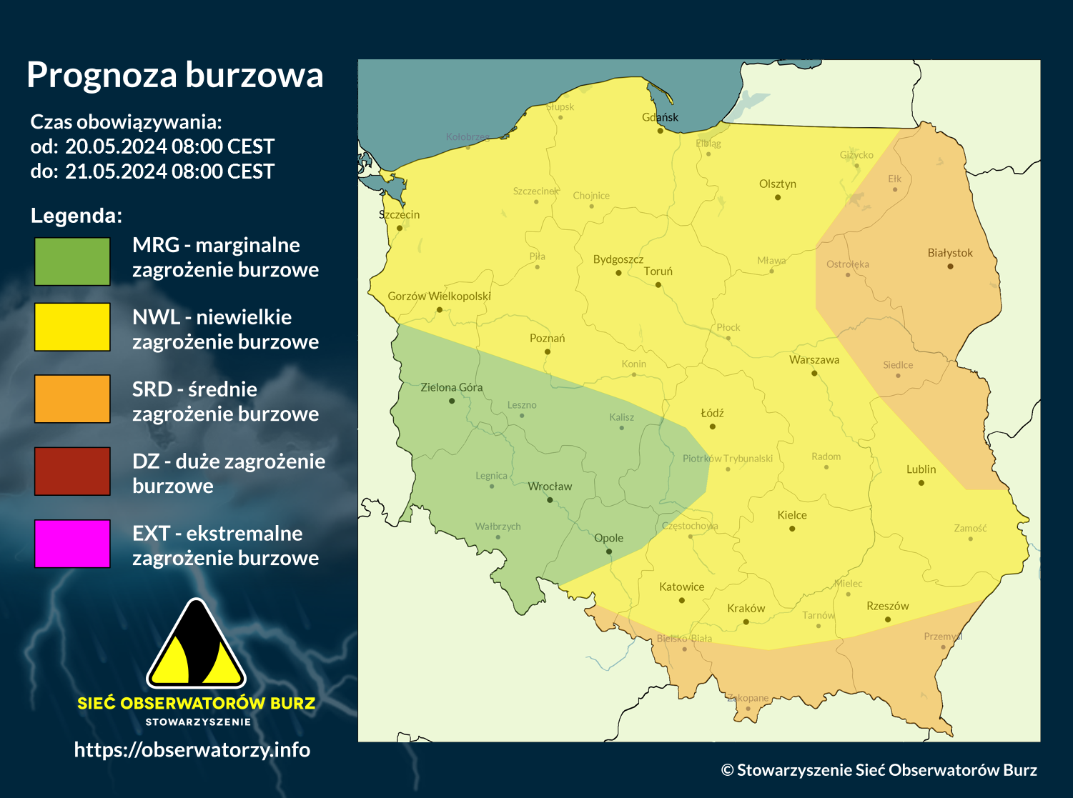 Prognoza burzowa na 20.05.2024 i noc z 20/21.05.2024