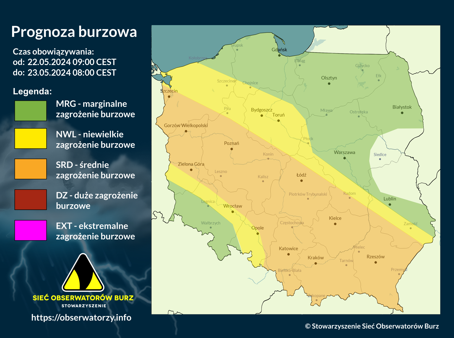 Prognoza burzowa na 22.05.2024 i noc z 22/23.05.2024