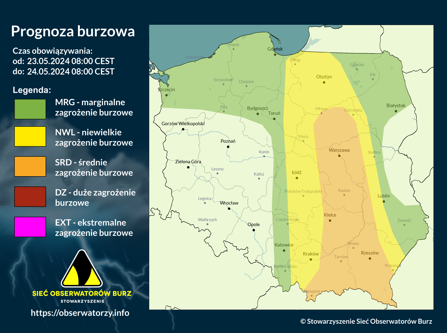 Prognoza burzowa na 23.05.2024 i noc z 23/24.05.2024