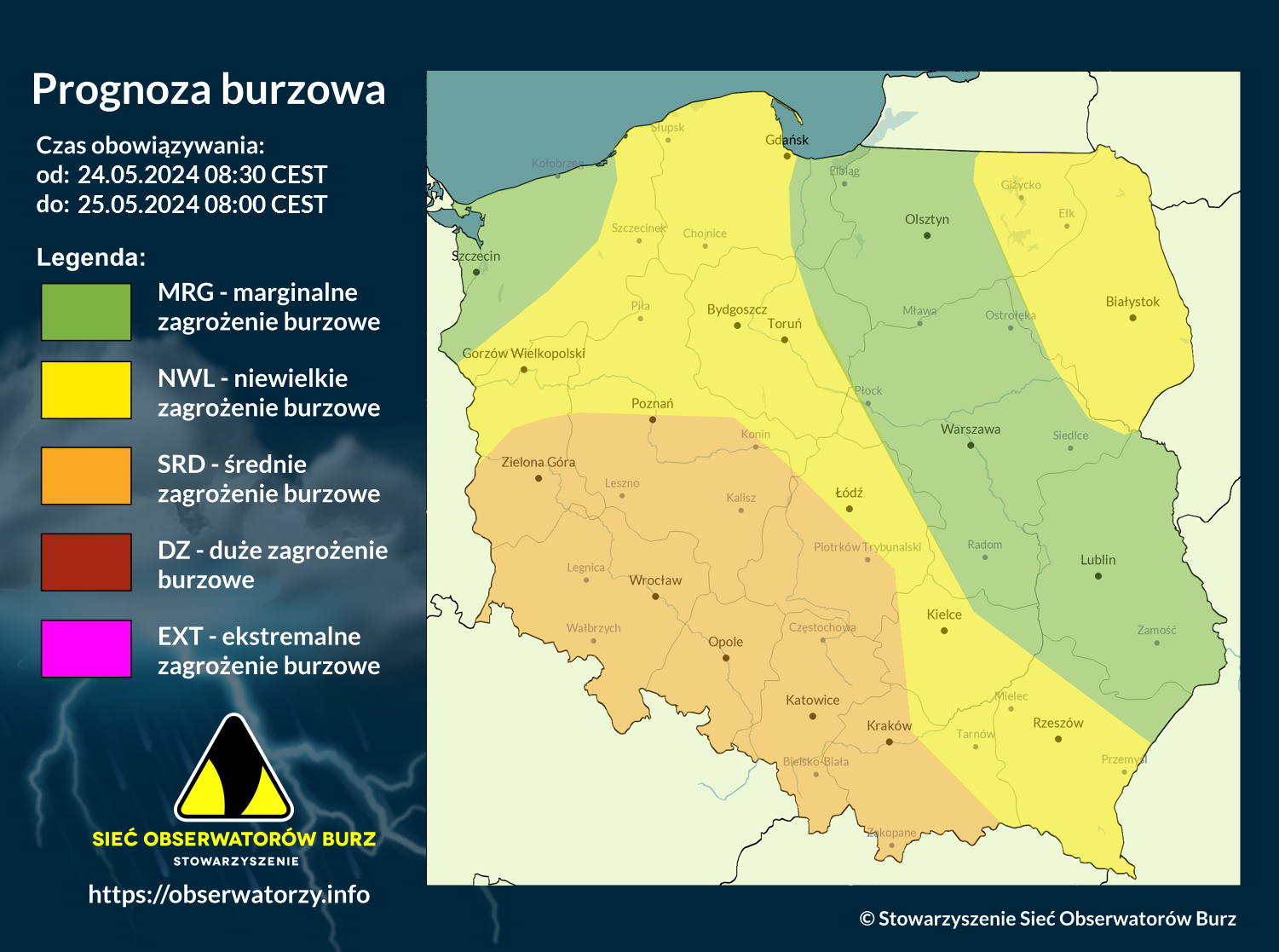 Prognoza burzowa na 24.05.2024 i noc z 24/25.05.2024