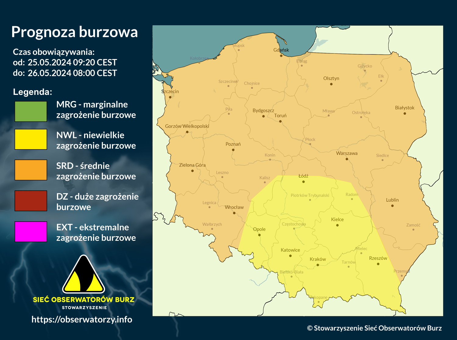 Prognoza burzowa na 25.05.2024 i noc z 25/26.05.2024