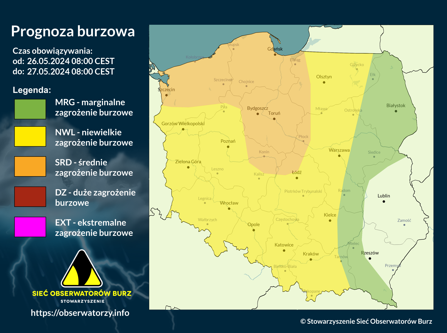 Prognoza burzowa na 26.05.2024 i noc z 26/27.05.2024