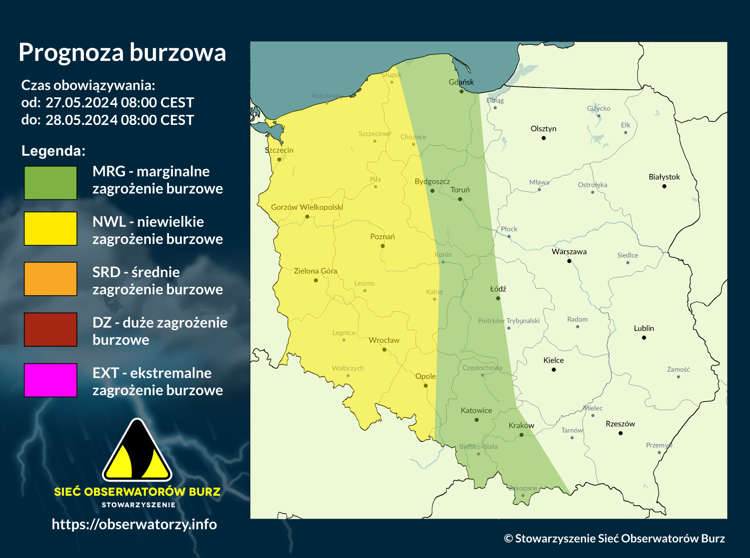 Prognoza burzowa na 27.05.2024 i noc z 27/28.05.2024