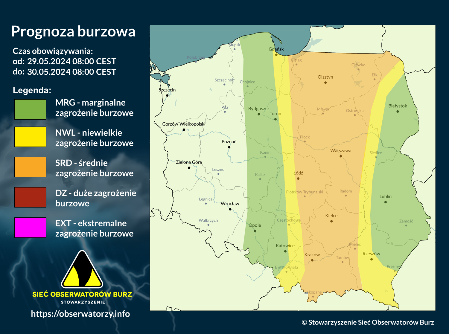 Prognoza burzowa na 29.05.2024 i noc z 29/30.05.2024