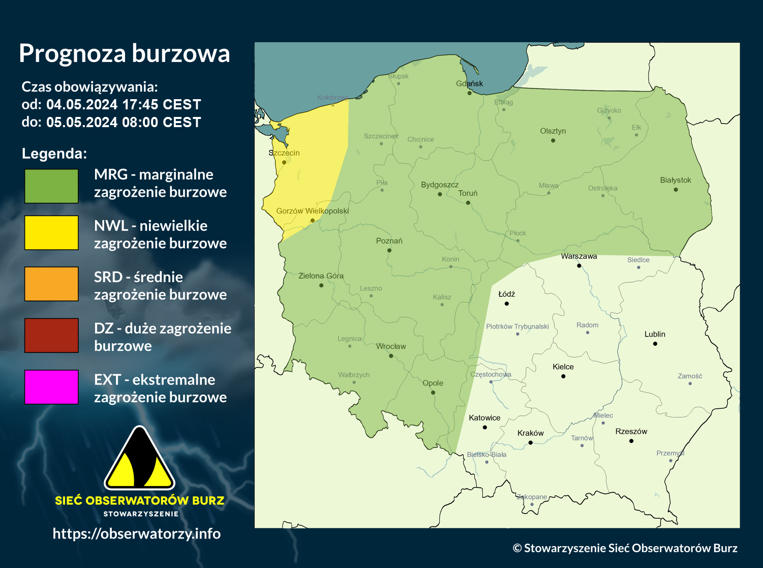 Prognoza burzowa na 4.05.2024 i noc z 4/5.05.2024