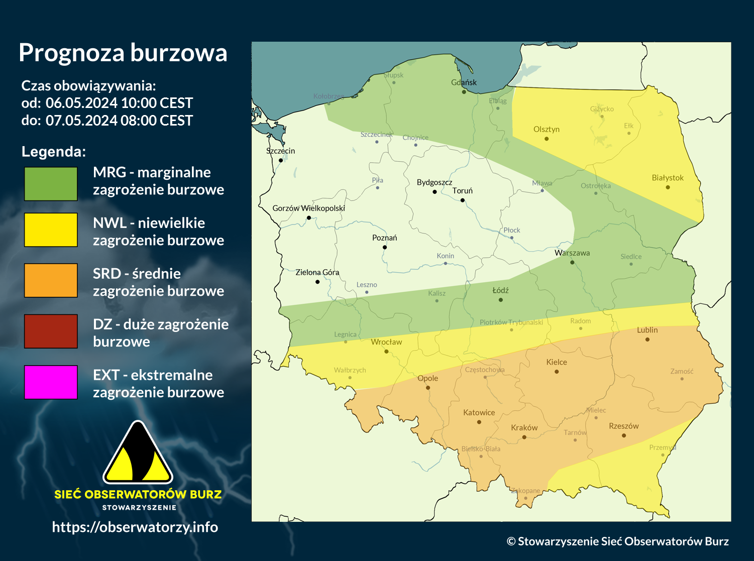 Prognoza burzowa na 6.05.2024 i noc z 6/7.05.2024