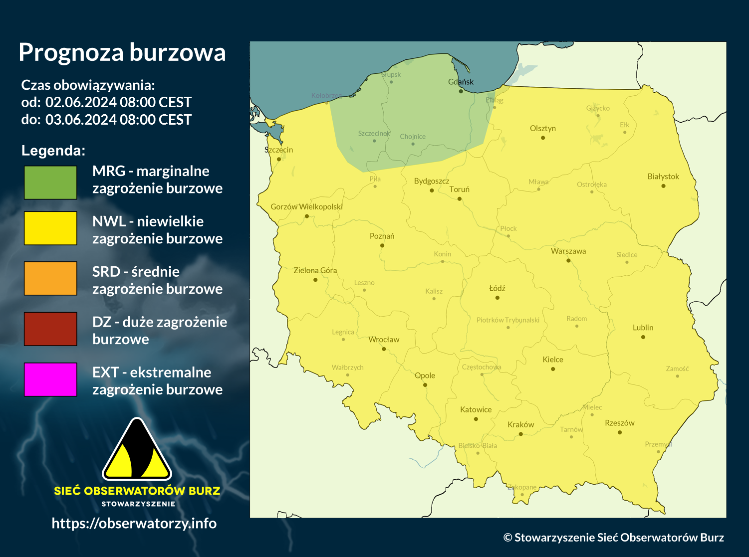 Prognoza burzowa na 2.06.2024 i noc z 2/3.06.2024