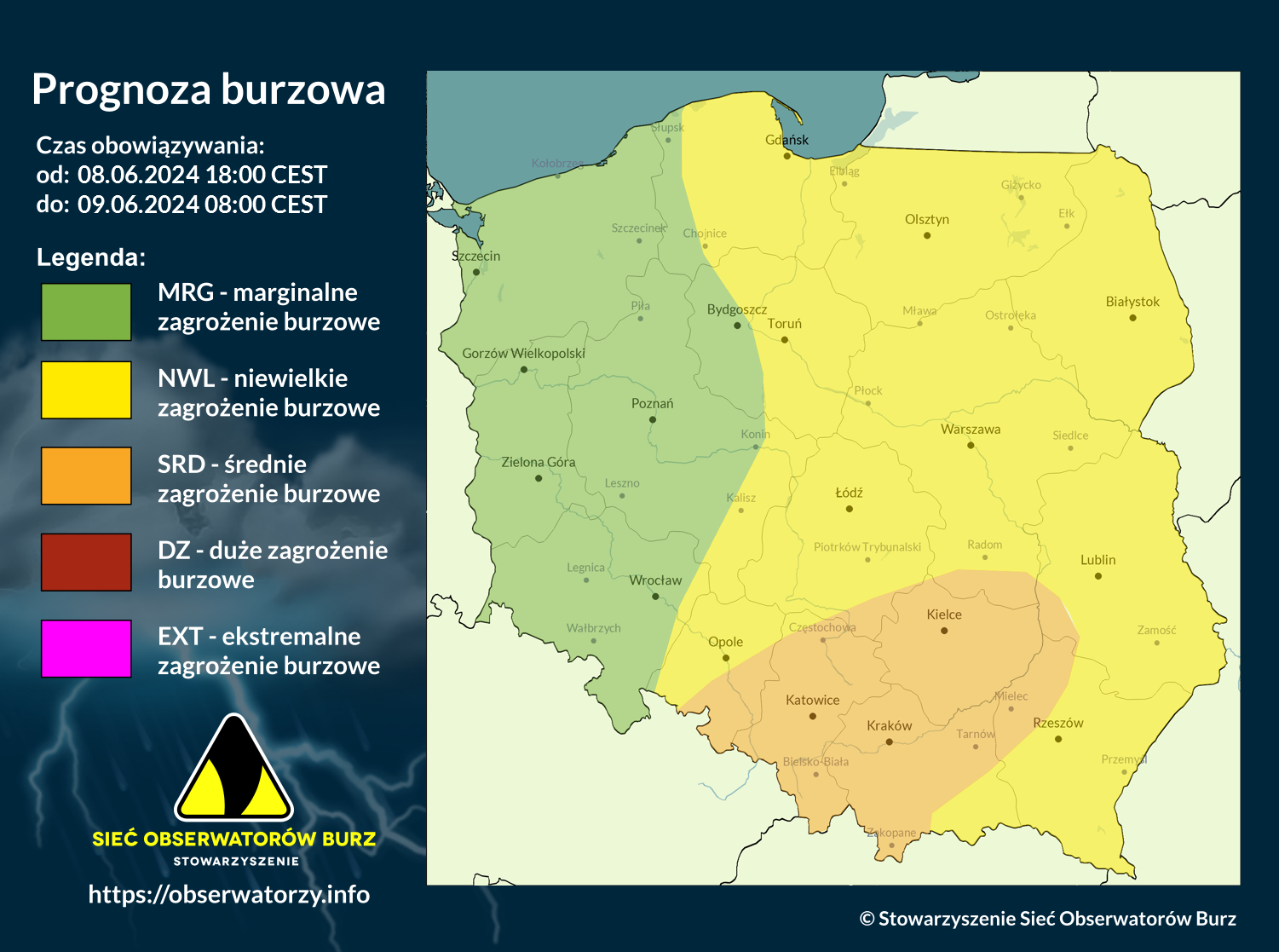 Prognoza burzowa na 8.06.2024 i noc z 8/9.06.2024