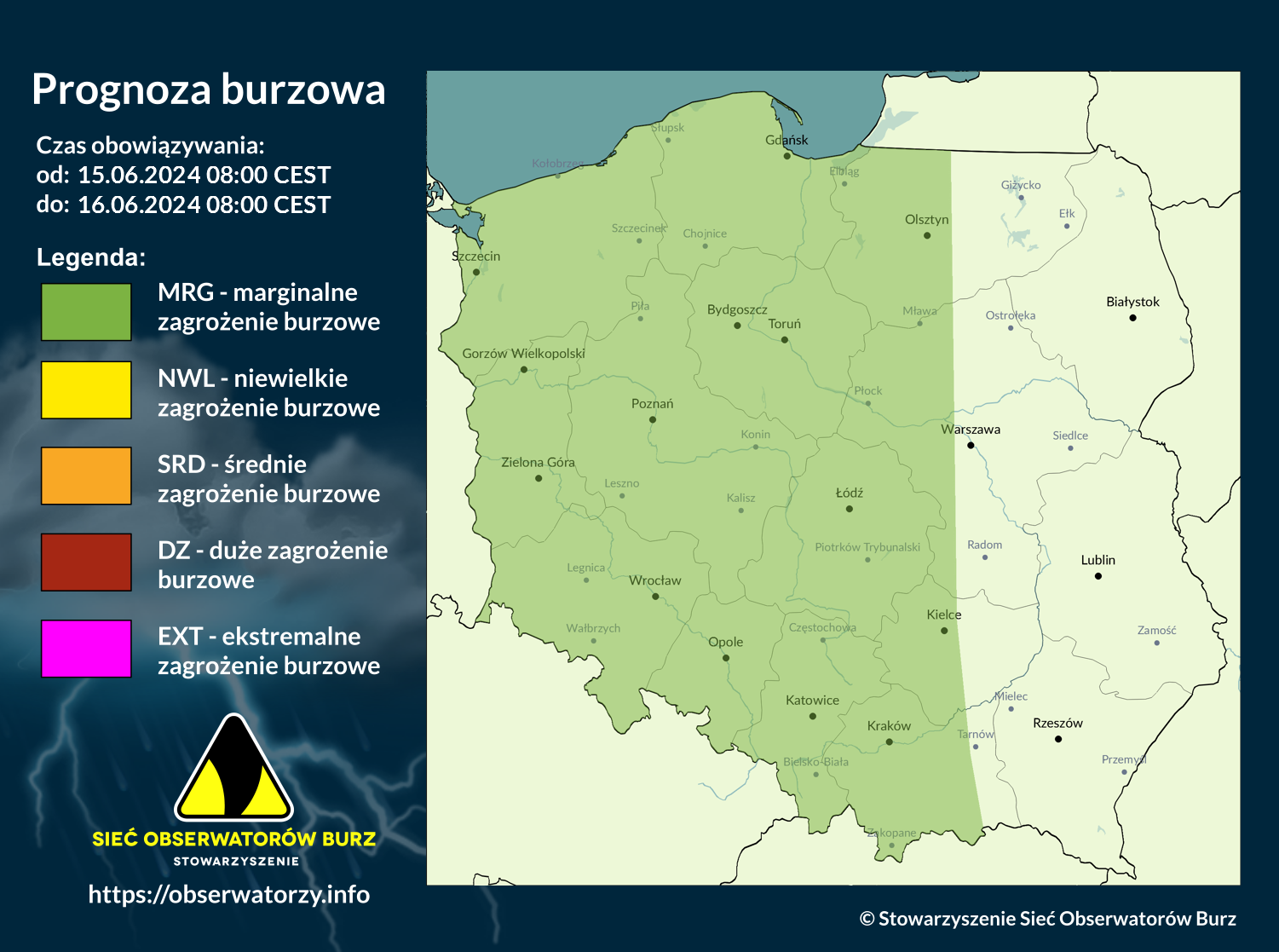 Prognoza burzowa na 15.06.2024 i noc z 15/16.06.2024