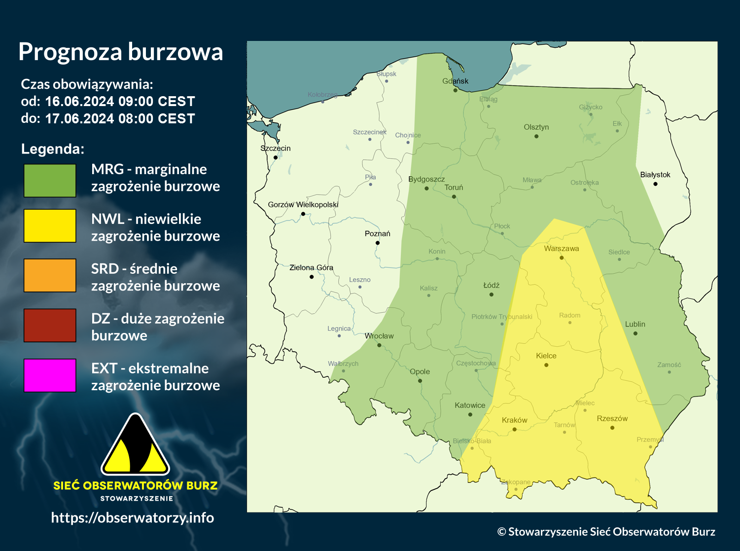 Prognoza burzowa na 16.06.2024 i noc z 16/17.06.2024 - aktualizacja