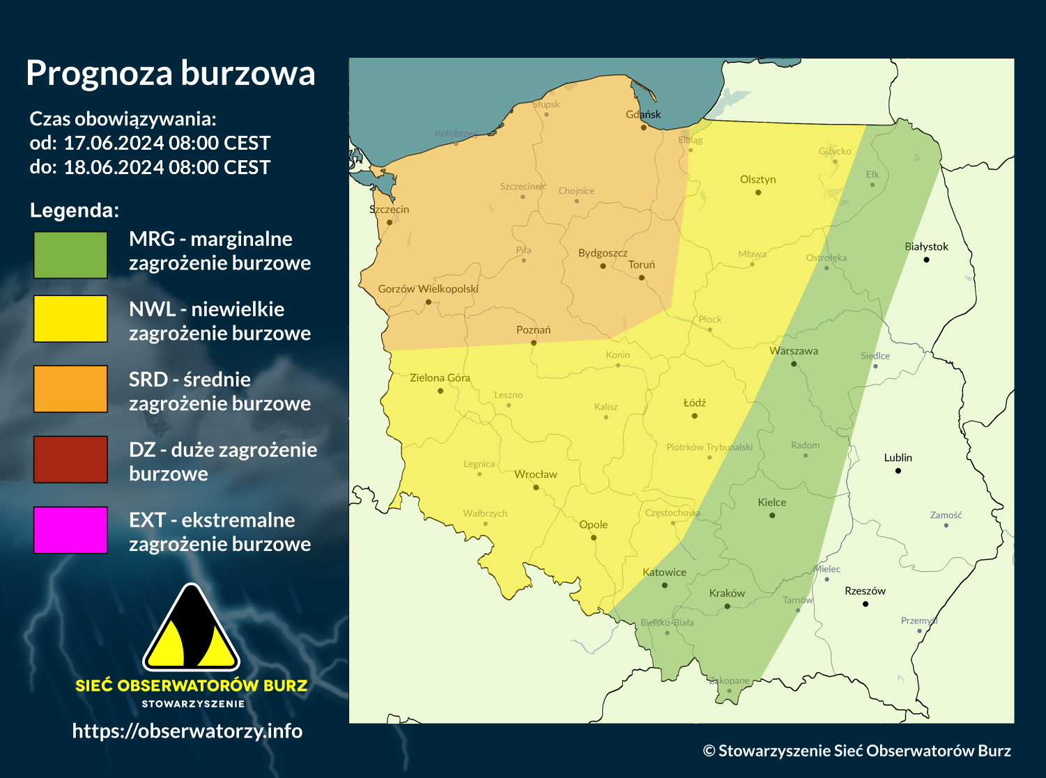 Prognoza burzowa na 17.06.2024 i noc z 17/18.06.2024