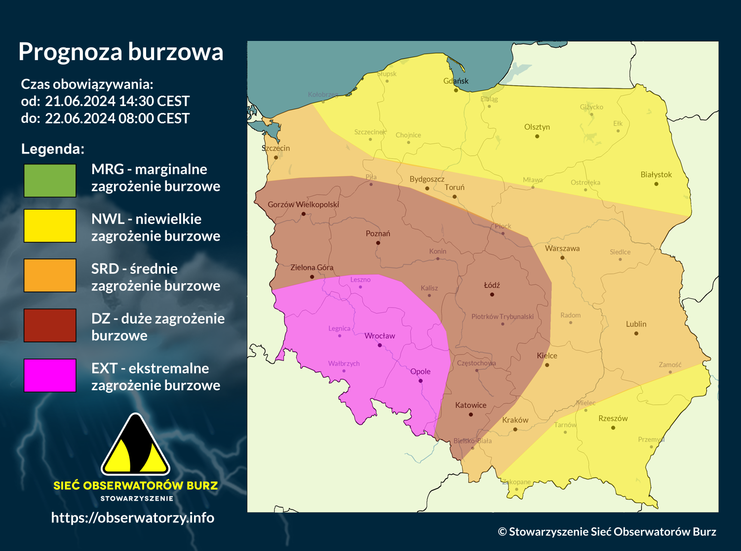 Prognoza burzowa na 21.06.2024 i noc z 21/22.06.2024 [AKTUALIZACJA]