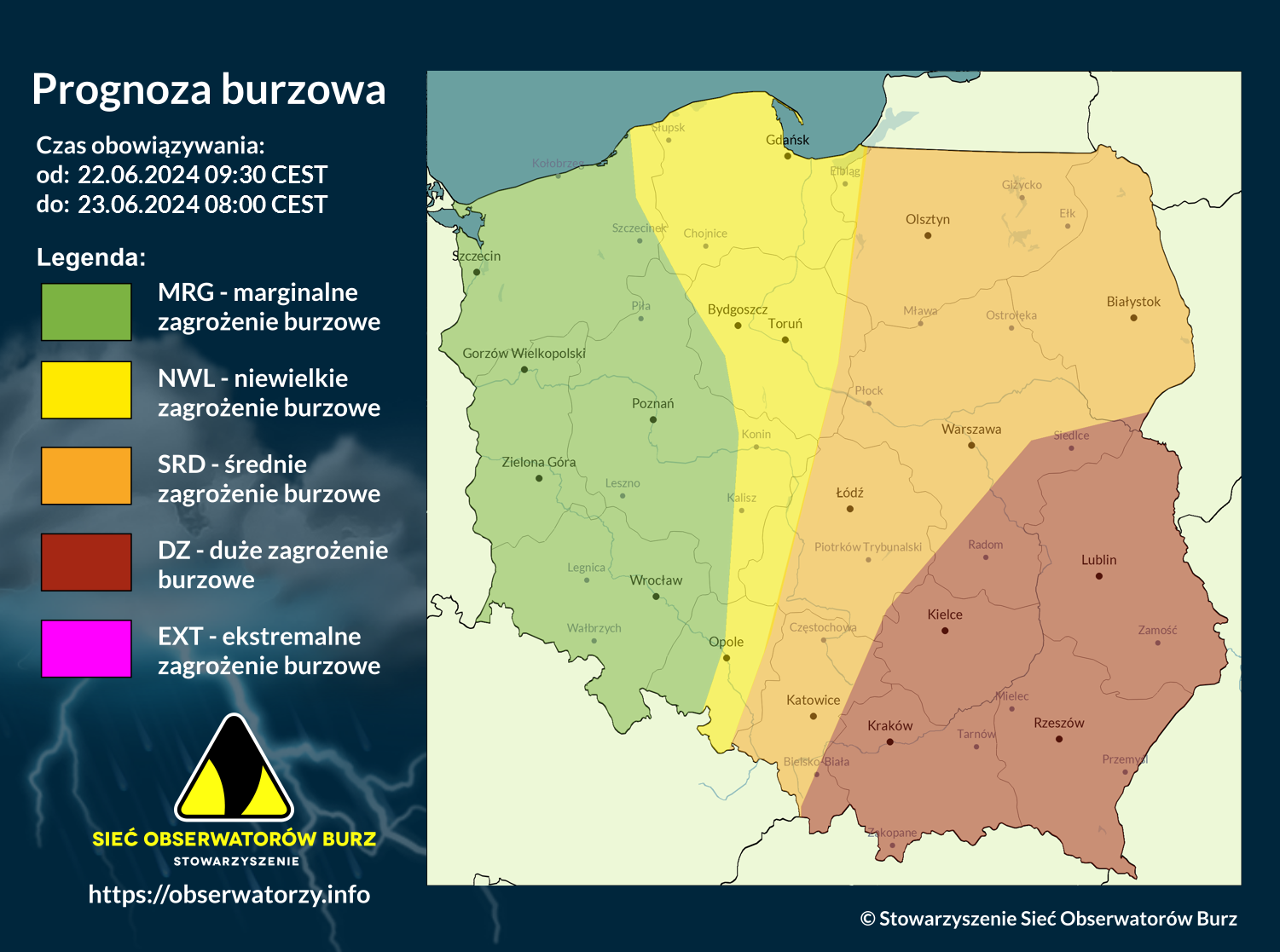 Prognoza burzowa na 22.06.2024 i noc z 22/23.06.2024 [AKTUALIZACJA]