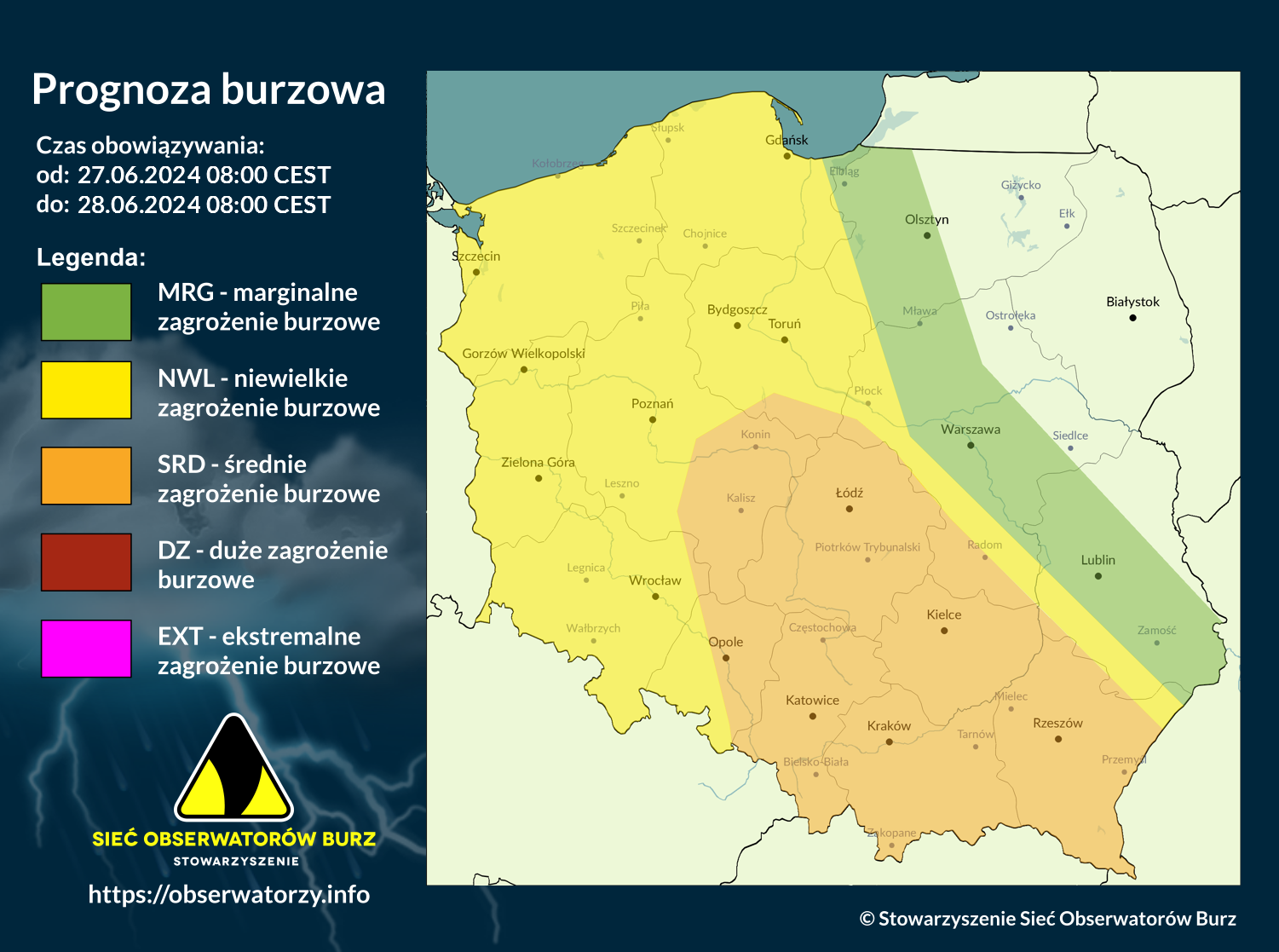 Prognoza burzowa na 27.06.2024 i noc z 27/28.06.2024