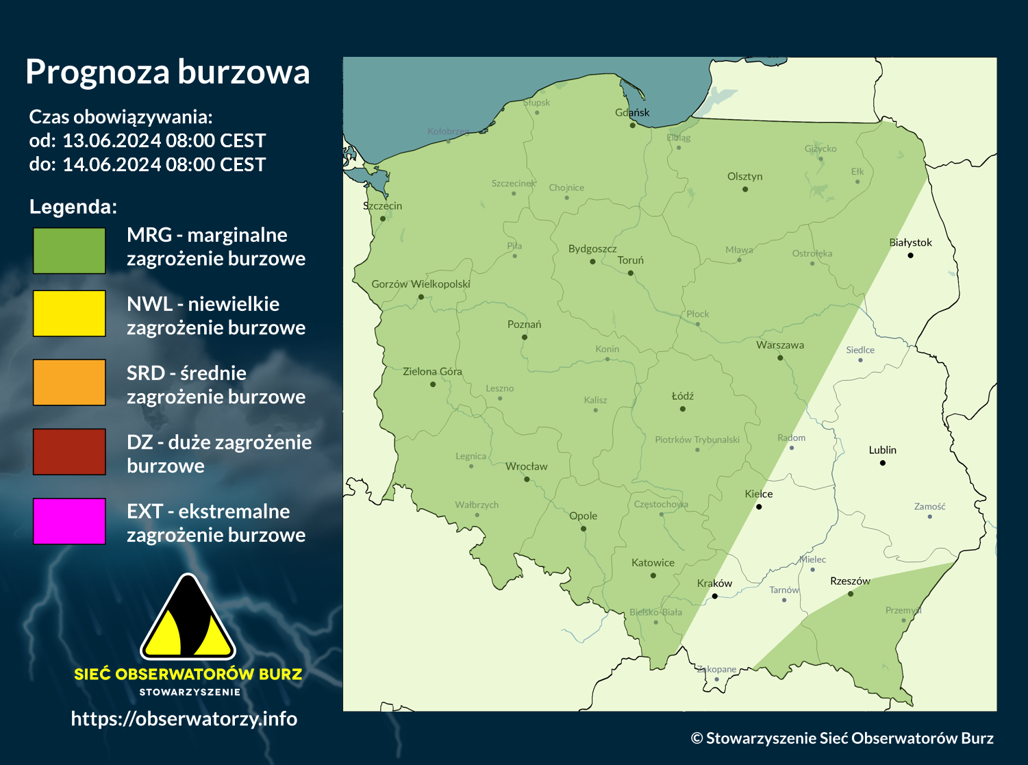 Prognoza burzowa na 13.06.2024 i noc z 13/14.06.2024