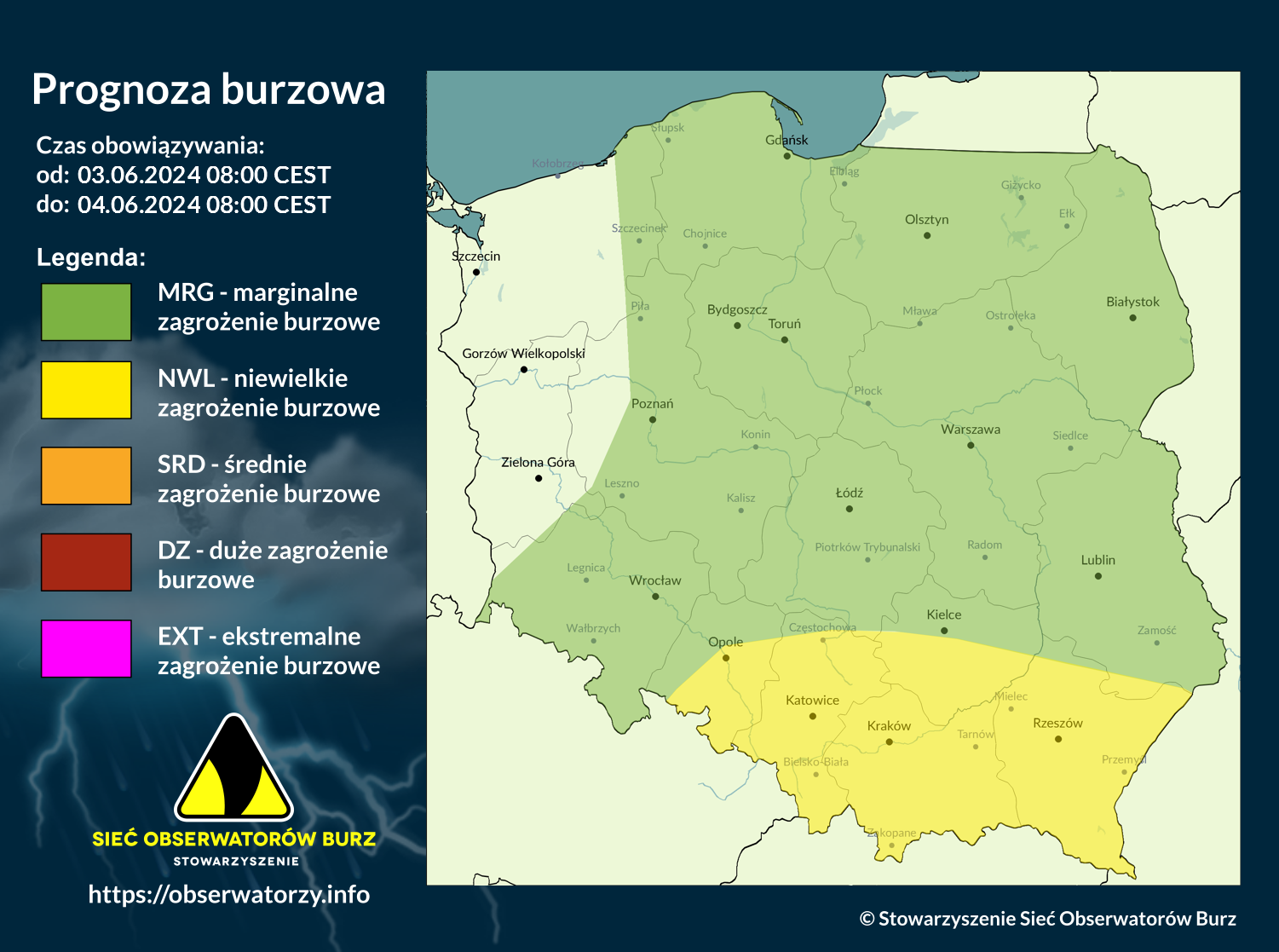 Prognoza burzowa na 3.06.2024 i noc z 3/4.06.2024