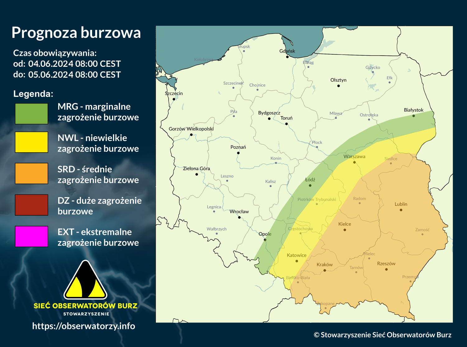 Prognoza burzowa na 4.06.2024 i noc z 4/5.06.2024