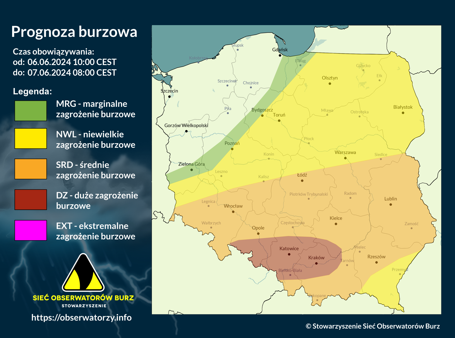 Prognoza burzowa na 6.06.2024 i noc z 6/7.06.2024 - aktualizacja