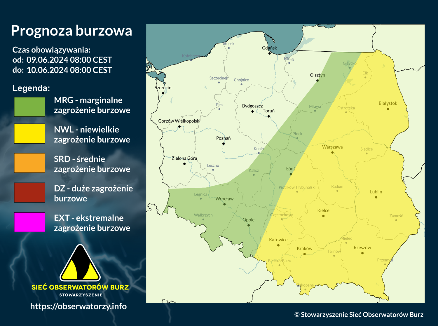 Prognoza burzowa na 9.06.2024 i noc z 9/10.06.2024