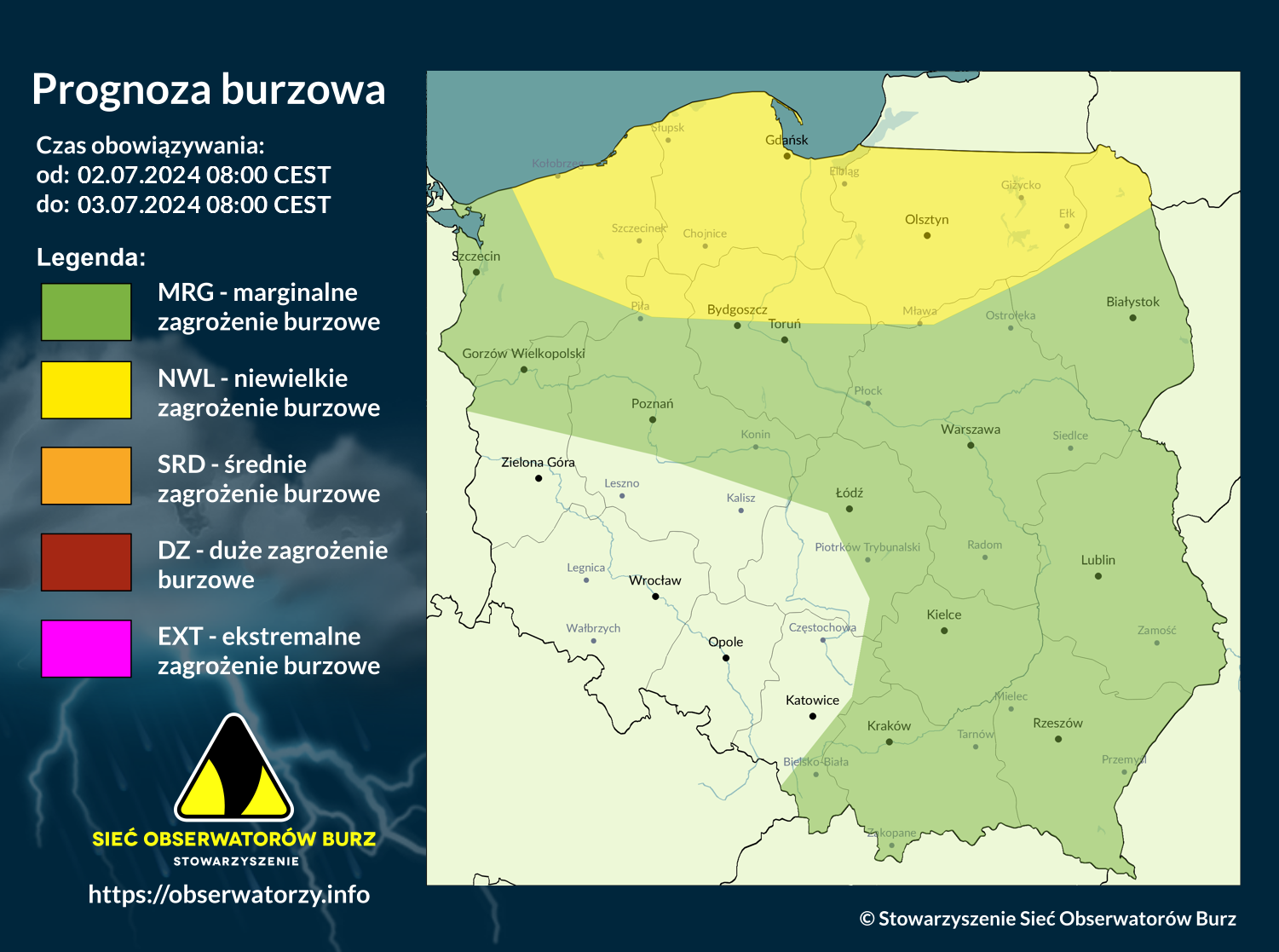 Prognoza burzowa na 2.07.2024 i noc z 2/3.07.2024