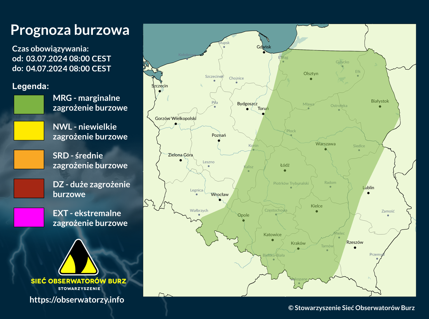 Prognoza burzowa na 3.07.2024 i noc z 3/4.07.2024