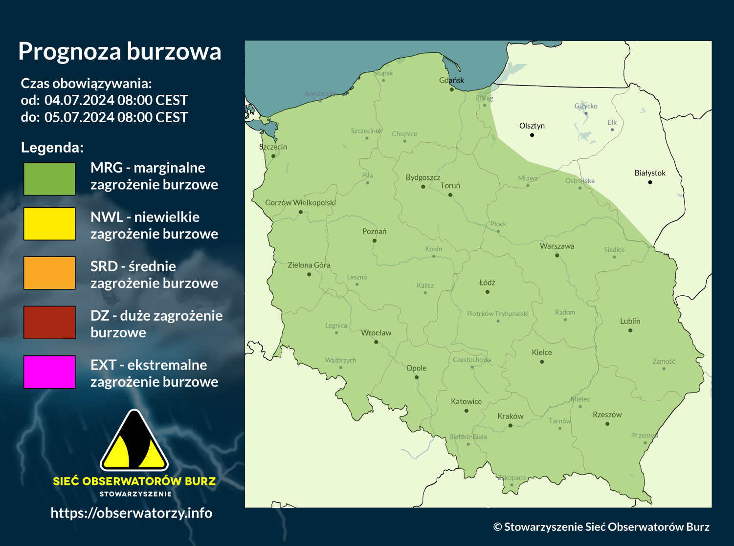 Prognoza burzowa na 4.07.2024 i noc z 4/5.07.2024