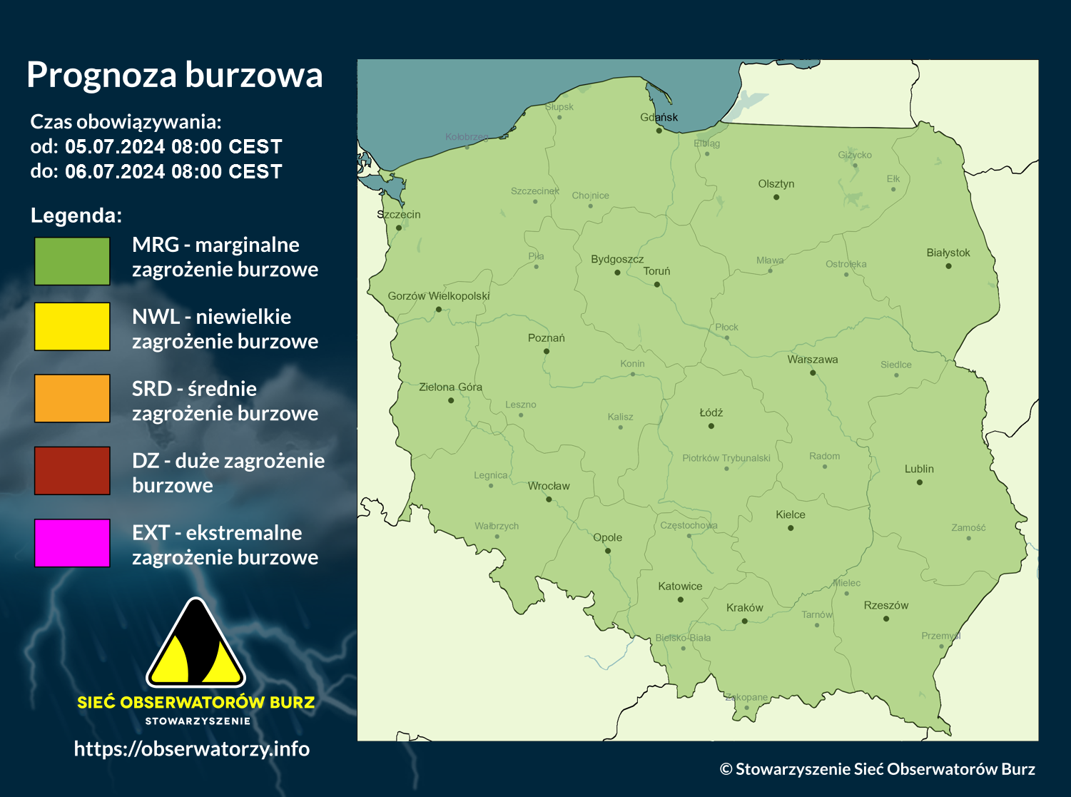 Prognoza burzowa na 5.07.2024 i noc z 5/6.07.2024