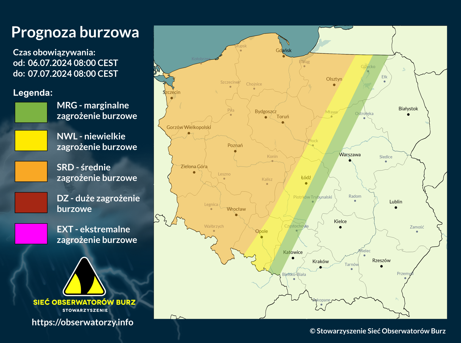 Prognoza burzowa na 6.07.2024 i noc z 6/7.07.2024