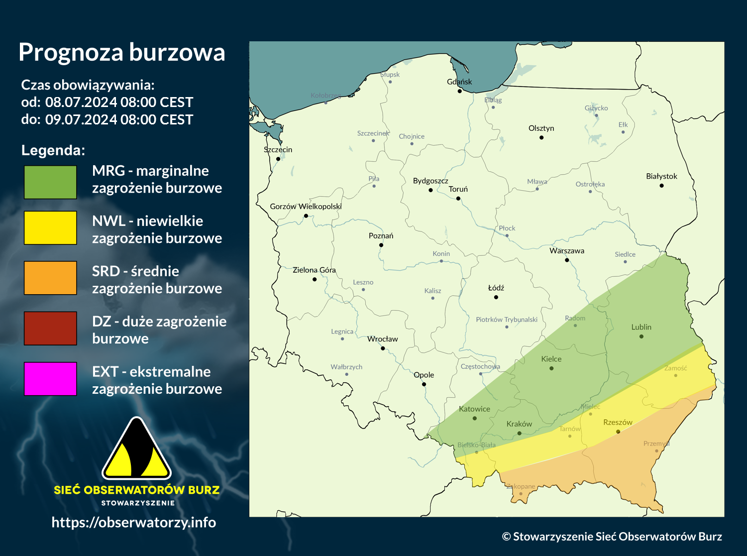 Prognoza burzowa na 8.07.2024 i noc z 8/9.07.2024