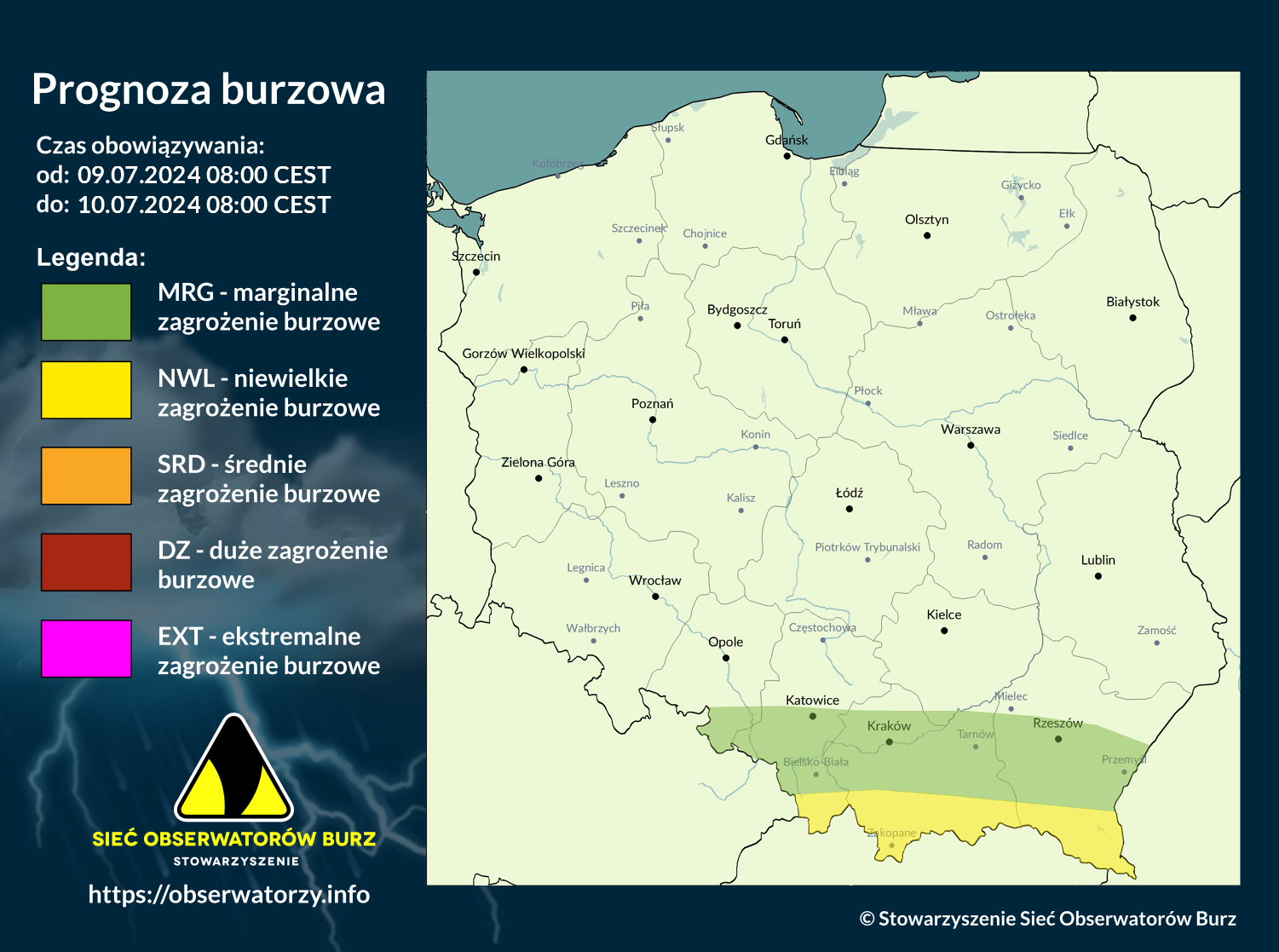 Prognoza burzowa na 9.07.2024 i noc z 9/10.07.2024