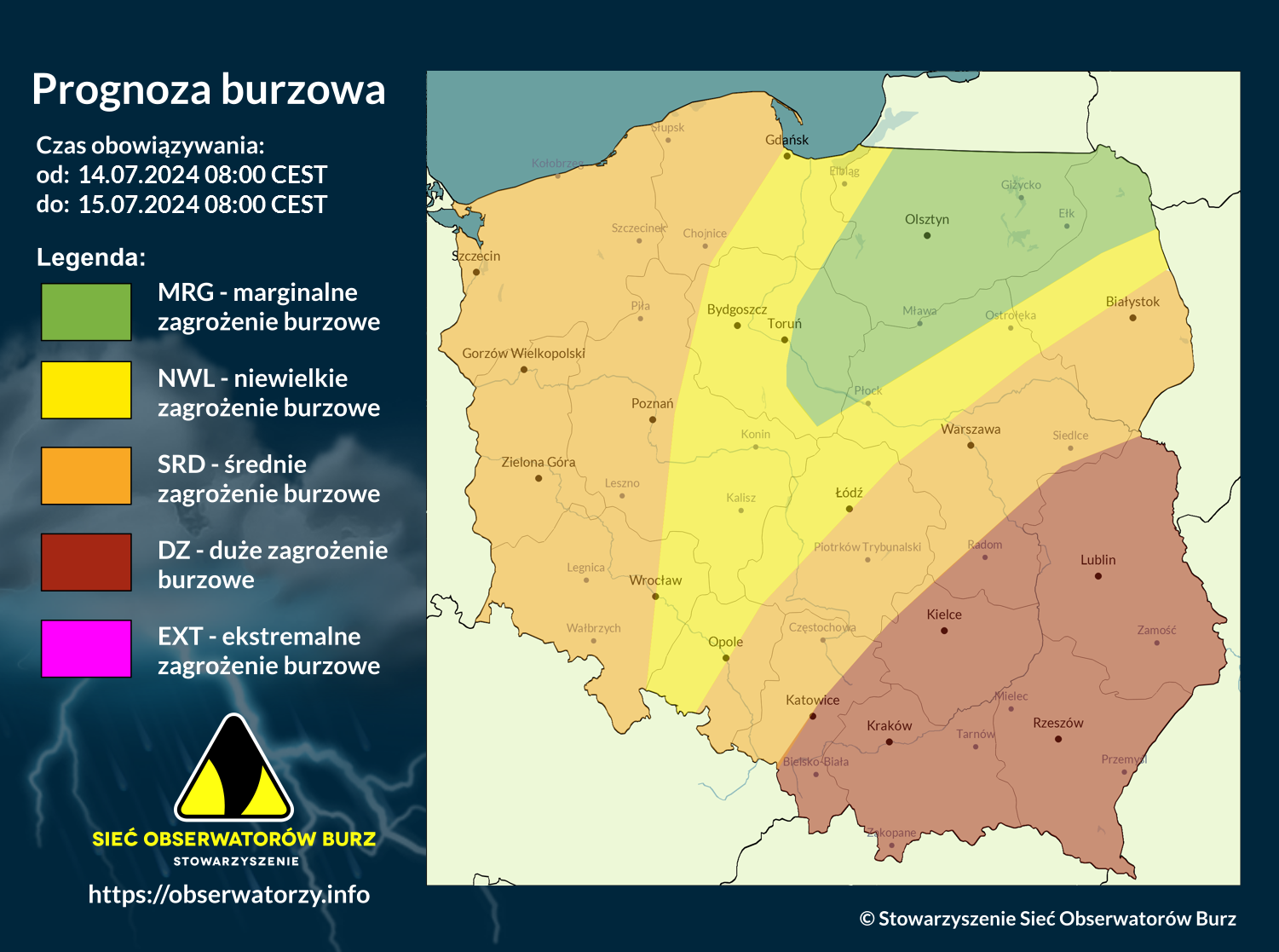 Prognoza burzowa na 14.07.2024 i noc z 14/15.07.2024