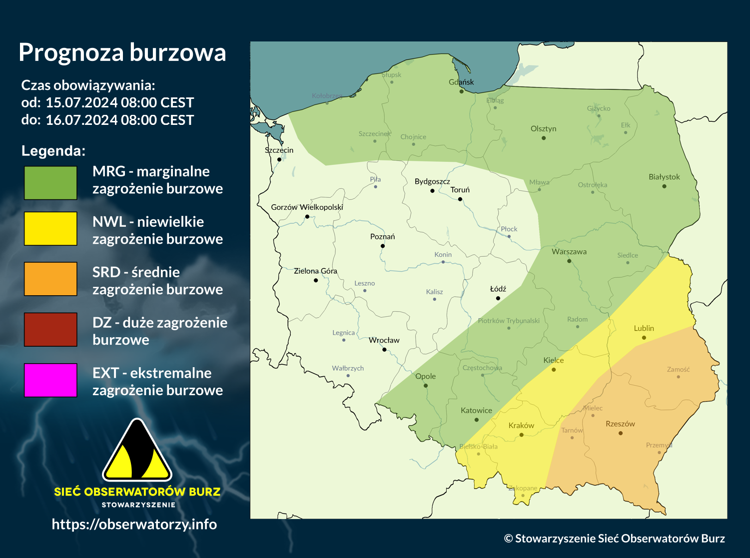 Prognoza burzowa na 15.07.2024 i noc z 15/16.07.2024