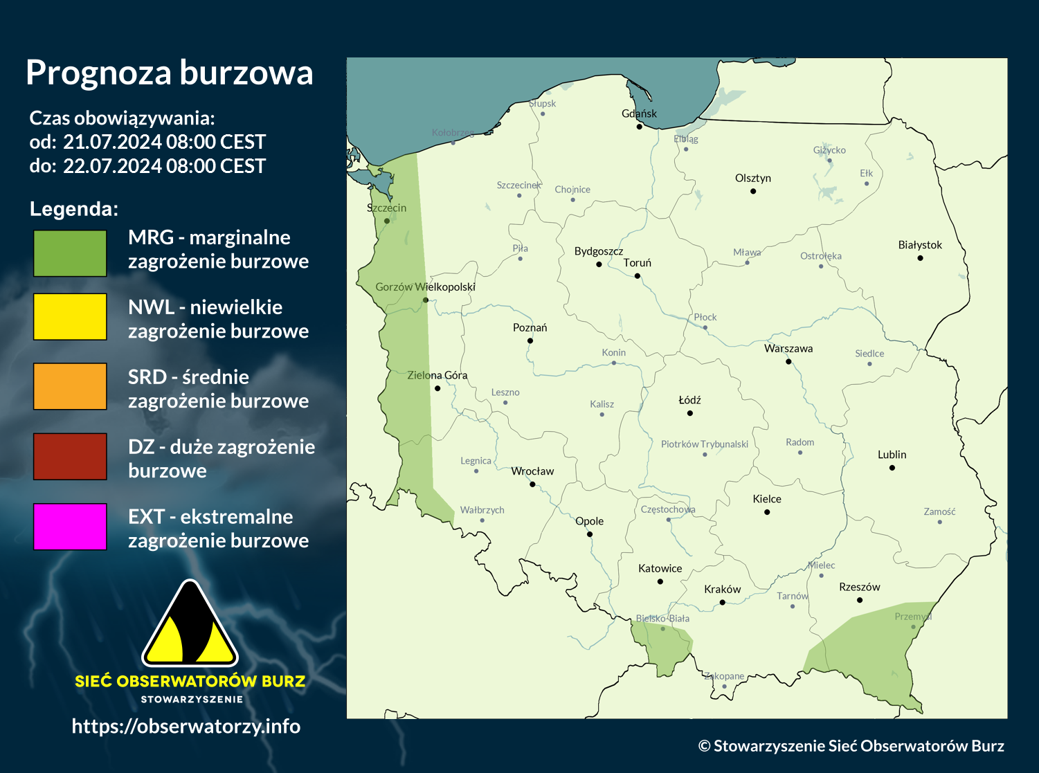 Prognoza burzowa na 21.07.2024 i noc z 21/22.07.2024