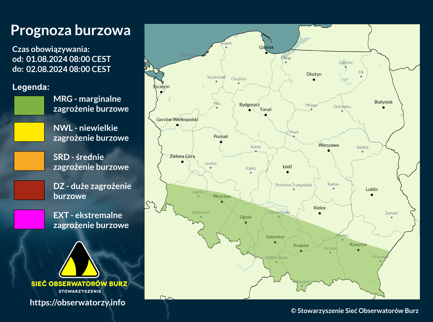 Prognoza burzowa na 1.08.2024 i noc z 1/2.08.2024