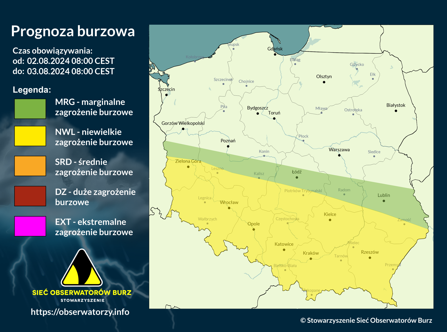 Prognoza burzowa na 2.08.2024 i noc z 2/3.08.2024