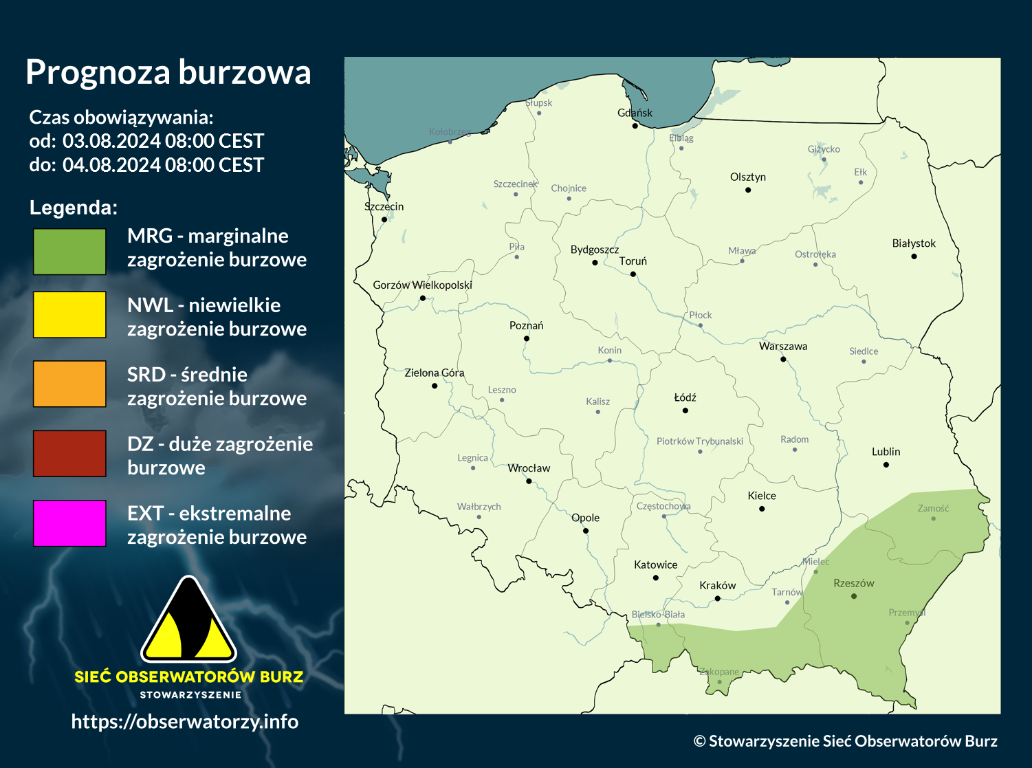 Prognoza burzowa na 3.08.2024 i noc z 3/4.08.2024