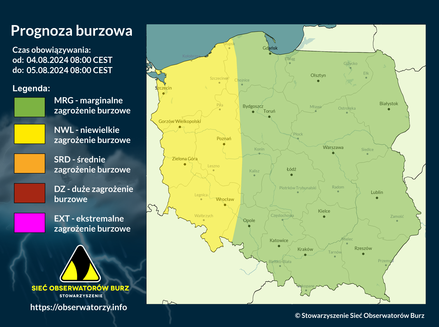 Prognoza burzowa na 4.08.2024 i noc z 4/5.08.2024