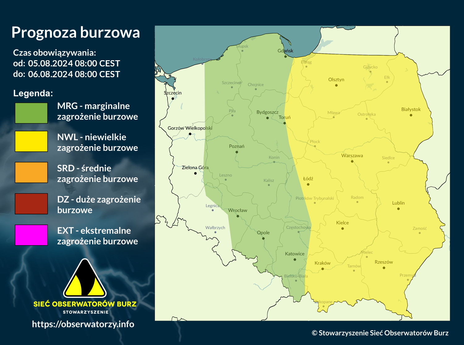 Prognoza burzowa na 5.08.2024 i noc z 5/6.08.2024