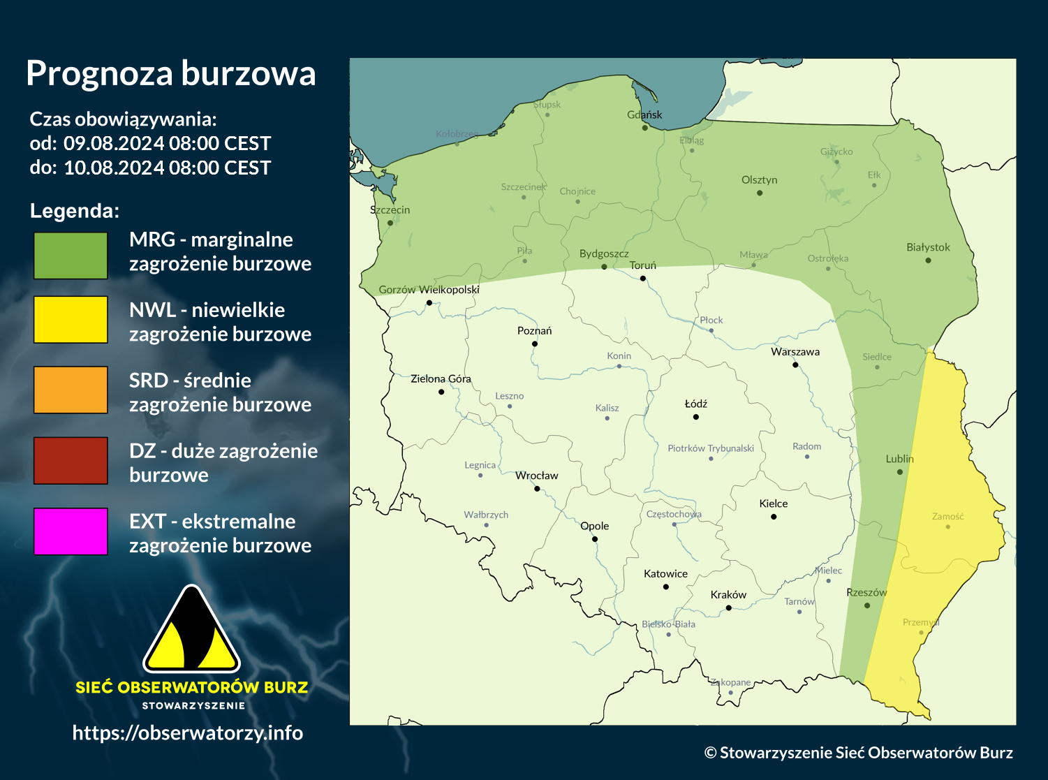 Prognoza burzowa na 9.08.2024 i noc z 9/10.08.2024