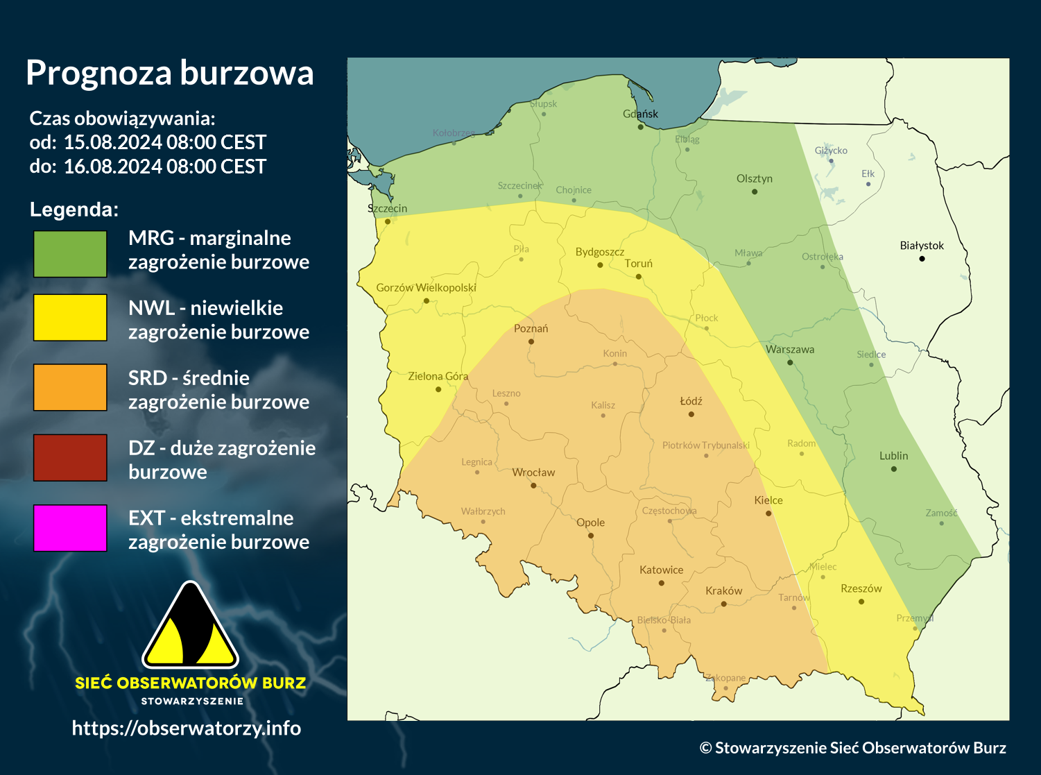 Prognoza burzowa na 15.08.2024 i noc z 15/16.08.2024